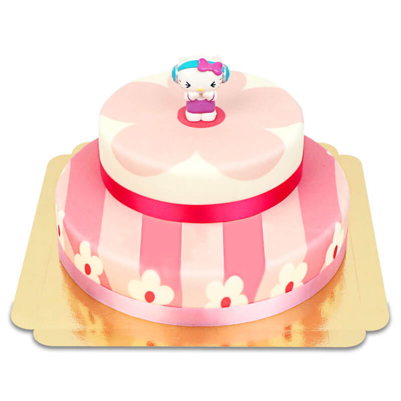 Hello Kitty® Figur auf 2-stöckiger rosa Blumen-Torte