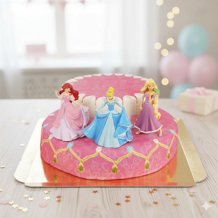 3 Prinzessinnen auf zweistöckiger Torte mit Band