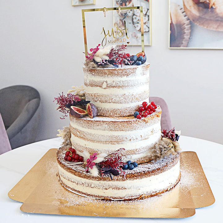 Boho Wedding Vanille-Himbeere 3-stöckig inkl. Deko und Cake-Topper - für 65 Personen!