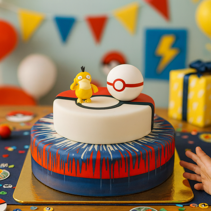 Pokémon®-Figur auf zweistöckiger Spielball-Torte