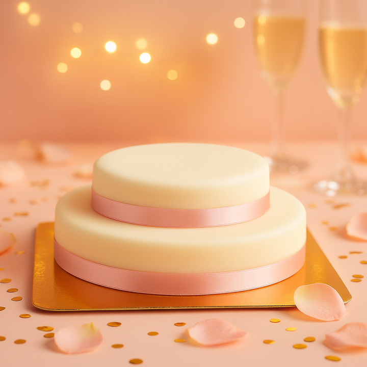 Zweistöckige weiße Torte mit Tortenband