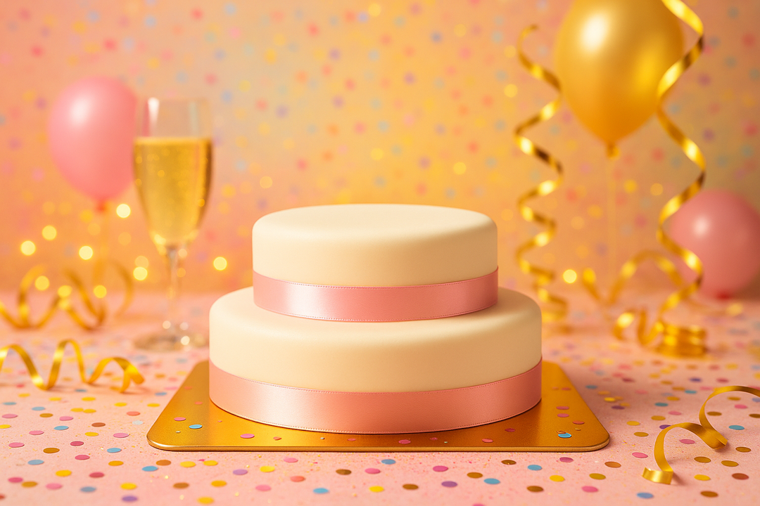 Zweistöckige weiße Torte mit Tortenband