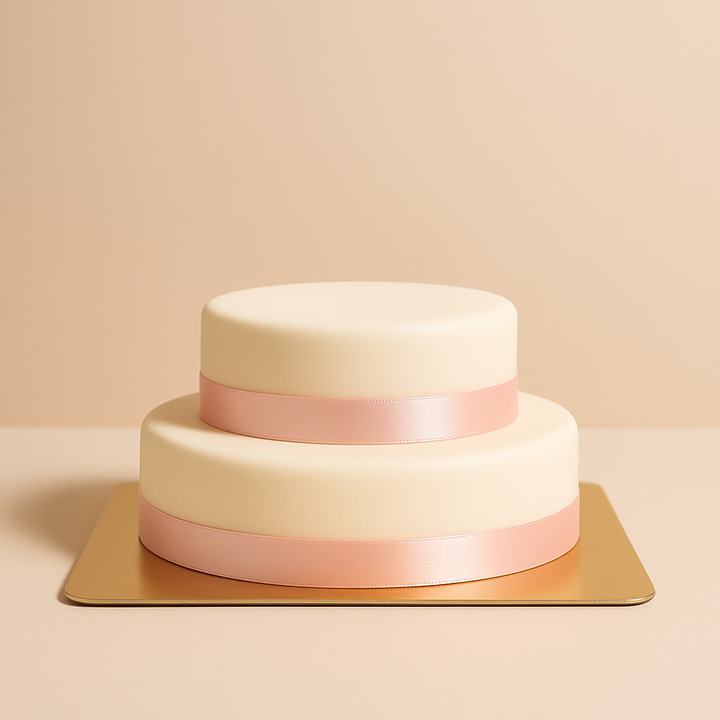 Zweistöckige weiße Torte mit Tortenband