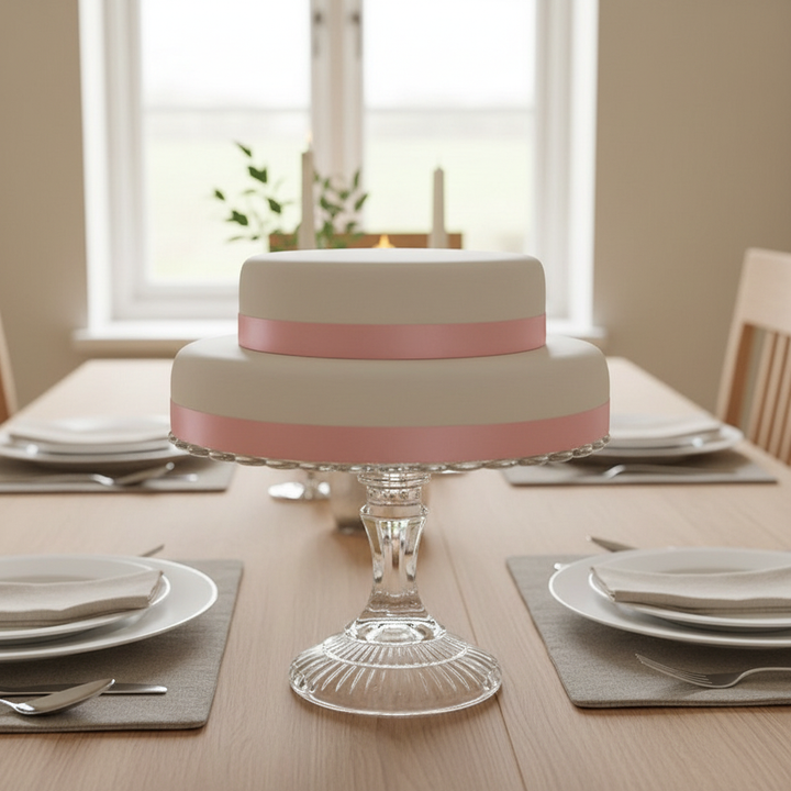 Zweistöckige weiße Torte mit Tortenband