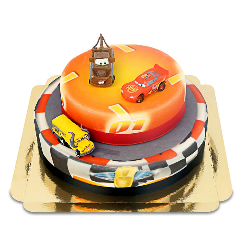 Cars® 2 - Lightning McQueen, Hook und Miss Fritter auf zweistöckiger Rennstrecke-Torte mit Band