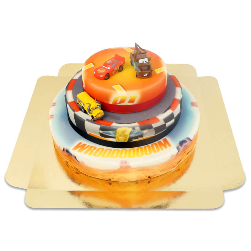 Cars® 3 - Lightning McQueen, Hook und Miss Fritter auf dreistöckiger Rennstrecken-Torte mit Band