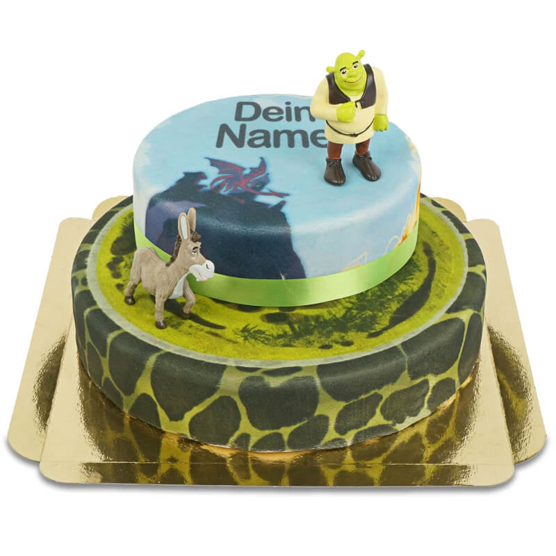 Shrek® und Esel auf zweistöckiger Märchen-Torte