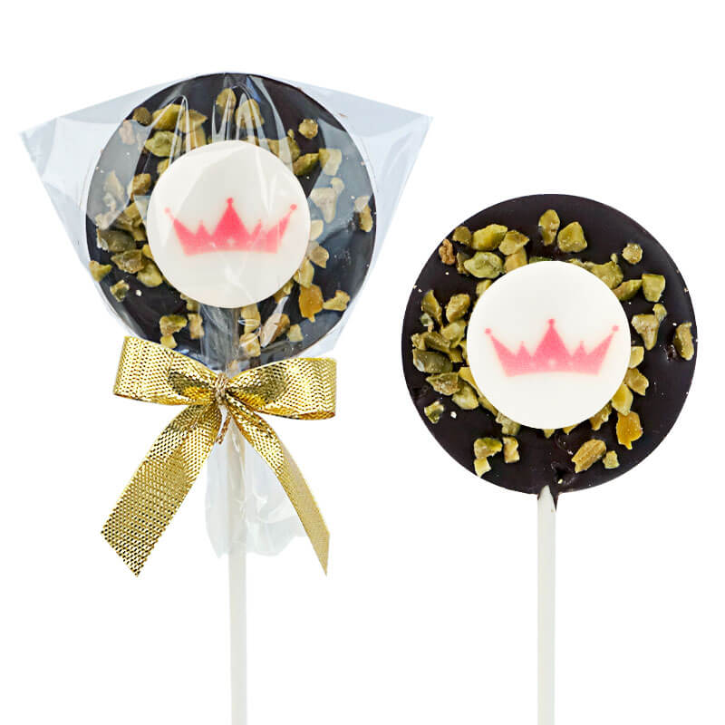 Lollis mit dunkler Schokolade & Pistazien mit Logo (10 Stück)