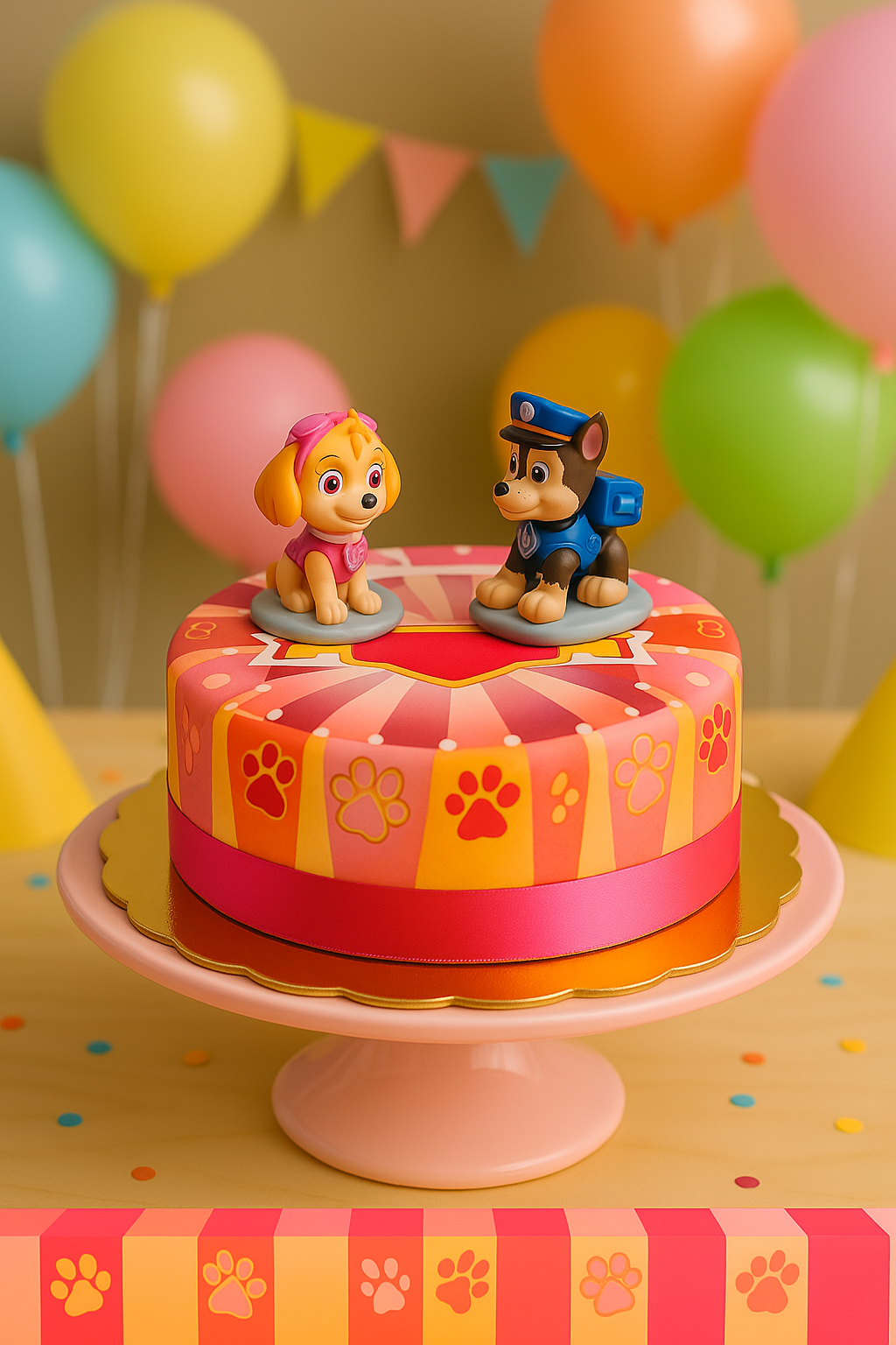 Paw Patrol® auf pinker Hundepfoten-Torte