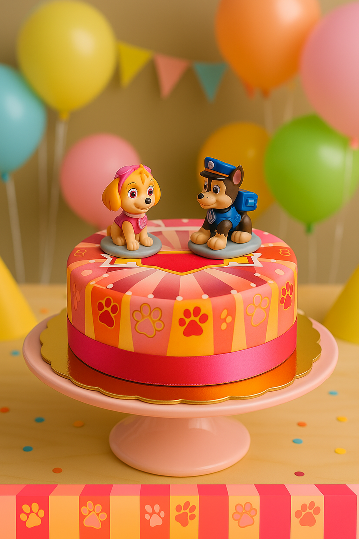 Paw Patrol® auf pinker Hundepfoten-Torte